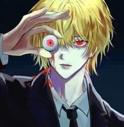 Rule 34 | 0o 0o92, 1other, black necktie, black suit, blonde hair, blood, blood on clothes, blood on face, disembodied eye, earrings, eyeball, formal, highres, hunter x hunter, jewelry, kurapika, male focus, necktie, other focus, red eyes, shirt, short hair, solo, suit, upper body, white shirt