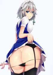 Rule 34 | 1girl, absurdres, ass, bent over, black panties, black thighhighs, blue dress, blue eyes, bow, braid, breasts, butt crack, clothes lift, cowboy shot, dress, dress lift, from behind, garter belt, green bow, hair between eyes, hair bow, highres, izayoi sakuya, lifting own clothes, looking at viewer, looking back, maid, maid headdress, medium breasts, panties, panty pull, parted lips, puffy short sleeves, puffy sleeves, short sleeves, silver hair, sinkai, solo, striped clothes, striped panties, thighhighs, touhou, twin braids, underwear
