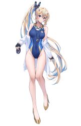Rule 34 | 1girl, absurdres, blonde hair, blue eyes, blue hair, blue one-piece swimsuit, breasts, covered navel, disc, fingerless gloves, full body, gloves, goggles, goggles around neck, gold footwear, high heels, highleg, highleg swimsuit, highres, jacket, looking at viewer, medium breasts, morros, multicolored clothes, multicolored hair, multicolored swimsuit, one-piece swimsuit, original, simple background, solo, stopwatch, stopwatch around neck, streaked hair, swimsuit, watch, white background, white jacket