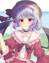 Rule 34 | 1girl, alternate costume, bat wings, beni kurage, black hat, blue hair, blush, bow, choker, commentary request, dress, eyelashes, fang, fang out, fingernails, frilled choker, frilled dress, frills, hand up, hat, hat ribbon, highres, looking at viewer, medium hair, parasol, pink umbrella, red dress, red eyes, remilia scarlet, ribbon, short sleeves, smile, solo, standing, striped, striped bow, touhou, umbrella, upper body, wings