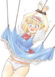 Rule 34 | alice margatroid, arms up, arnest, blonde hair, blue dress, blue eyes, blush, bound, bound wrists, bow, clothes lift, dress, dress lift, dutch angle, full-face blush, hairband, lolita hairband, panties, red bow, short hair, tears, touhou, underwear, white background, white panties