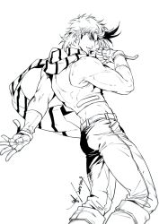 Rule 34 | 1boy, bare arms, bare shoulders, battle tendency, belt, boots, clothing cutout, commentary, crop top, eyebrows hidden by hair, fingerless gloves, gloves, greyscale, high contrast, highres, jojo no kimyou na bouken, jojo pose, joseph joestar, joseph joestar (young), knee boots, lineart, looking back, male focus, midriff, monochrome, muscular, pants, parted lips, profile, sashiyu, scarf, short hair, sideways glance, signature, simple background, sleeveless, solo, striped clothes, striped scarf, symbol-only commentary, white background