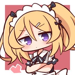 Rule 34 | 1girl, alternate costume, apron, black bow, black dress, blonde hair, blush, bow, brown background, chibi, chloe (princess connect!), closed mouth, commentary request, crossed arms, dress, enmaided, frilled apron, frills, hair between eyes, hair bow, hair ornament, hairclip, hana kazari, highres, looking at viewer, maid, maid headdress, princess connect!, purple eyes, short sleeves, solo, twintails, two-tone background, upper body, white apron, white background
