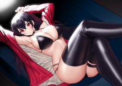 Rule 34 | 1girl, ahoge, armpits, arms up, azur lane, bikini, black bikini, black choker, black hair, black panties, black thighhighs, boots, breasts, choker, cleavage, crossed bangs, hair between eyes, halterneck, highres, jacket, large breasts, latex, latex boots, long hair, looking at viewer, lying, multi-strapped bikini bottom, official alternate costume, panties, race queen, red eyes, red jacket, siun, skindentation, solo, string bikini, swimsuit, taihou (azur lane), taihou (enraptured companion) (azur lane), thigh strap, thighhighs, underwear