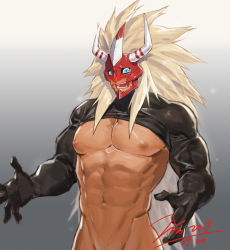 Rule 34 | 1boy, abs, agnimon, artist name, bara, biceps, blue eyes, blush, breasts, crop top, digimon, digimon (creature), digimon frontier, gloves, gradient background, grey background, horns, jin (sirius-j), large breasts, large pectorals, long hair, male focus, manly, mask, mature male, muscular, muscular male, navel, nipples, open mouth, pectorals, simple background, solo, teeth, tight clothes, tongue, underpec, upper body, veins, white hair