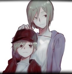 Rule 34 | age comparison, aged up, averting eyes, black eyes, black hat, child, colored eyelashes, dual persona, green hair, hand on another&#039;s head, hat, hood, hood down, kagerou project, kido tsubomi, short hair, sidu (dsd kgn), simple background, sweatdrop, time paradox