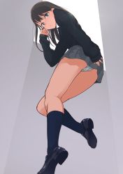 Rule 34 | 10s, 1girl, arm up, ass, black footwear, blue socks, blush, brown hair, cardigan, closed mouth, expressionless, from behind, from below, green eyes, grey skirt, hand in own hair, highres, idolmaster, idolmaster cinderella girls, kneehighs, loafers, long hair, looking back, looking down, nose blush, panties, pleated skirt, q (ed69), shibuya rin, shoes, skirt, sleeves past wrists, socks, solo, thighs, underwear, upskirt, white panties