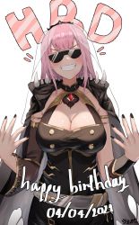 Rule 34 | 1girl, black nails, blush, breasts, cleavage, clenched teeth, dated, fingernails, highres, hololive, hololive english, jeze, large breasts, long hair, mori calliope, mori calliope (1st costume), nail polish, pink hair, shoulder spikes, simple background, smile, solo, spikes, sunglasses, teeth, veil, virtual youtuber, white background