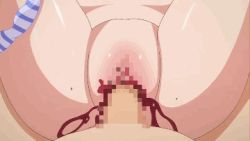 Rule 34 | animated, animated gif, bed, blood, bottomless, breasts, brown hair, censored, close-up, clothes lift, cum, cum in pussy, defloration, himekawa ami, huge breasts, lowres, missionary, nipples, panties, panties around leg, penis, pillow, pussy, sex, shirt lift, striped clothes, striped panties, tenioha! onna no ko datte honto ha ecchi da yo?, underwear