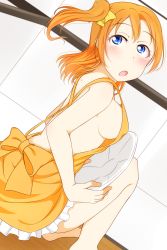Rule 34 | 10s, 1girl, barefoot, blue eyes, blush, bow, breasts, feitonokesin, hair bow, highres, indoors, kosaka honoka, large breasts, long hair, looking at viewer, looking back, love live!, love live! school idol project, no bra, open mouth, orange hair, side ponytail, sideboob, solo, squatting, wooden floor, yellow bow