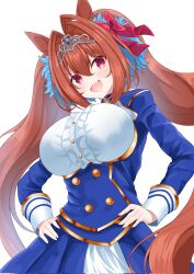 Rule 34 | 1girl, animal ears, antenna hair, blue jacket, blue skirt, blush, bow, breasts, center frills, commentary request, cowboy shot, daiwa scarlet (umamusume), fang, frills, hair between eyes, hands on own hips, highres, horse ears, horse girl, jacket, large breasts, long hair, long sleeves, looking at viewer, open mouth, red bow, red hair, simple background, skin fang, skirt, smile, solo, tiara, tsuyusora, twintails, umamusume, very long hair, white background