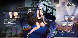 Rule 34 | 1girl, :d, azur lane, bangle, bare shoulders, bird, black dress, blue hair, blue nails, blush, bracelet, breasts, collarbone, commentary, cup, dress, drooling, drunk, eagle, eagle union (emblem), essex (azur lane), essex (craft fairytail) (azur lane), expressions, gem, gloom (expression), green gemstone, halter dress, halterneck, high heels, highres, holding, holding cup, jewelry, kexue, large breasts, long hair, looking at viewer, nail polish, necklace, official alternate costume, official art, open mouth, ponytail, sidelocks, sitting, sleeveless, smile, solo, swept bangs, thigh strap, thighs, tuxedo, wide-eyed