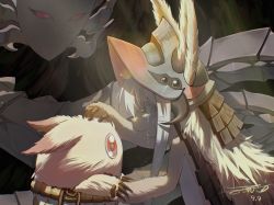 Rule 34 | 3others, animal ears, belafu, brown eyes, brown fur, commentary request, crying, crying with eyes open, ears through headwear, fake horns, from side, grey hair, hand on another&#039;s head, headpat, helmet, highres, hollow eyes, horned helmet, horns, in pot, laozhang (user ekje4545), light beam, looking at viewer, made in abyss, mitty (made in abyss), multiple others, nanachi (made in abyss), other focus, parted lips, profile, red eyes, signature, streaming tears, tears, whiskers