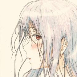 Rule 34 | 1girl, bbmasa, blue hair, blush, colored pencil (medium), hibike! euphonium, highres, liz to aoi tori, long hair, looking at viewer, looking to the side, parted lips, red eyes, simple background, solo, traditional media, white background, yoroizuka mizore