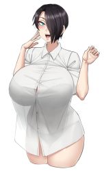 Rule 34 | 1girl, arms up, blouse, bra, breasts, curtain call challenge (meme), dress shirt, fangs, hair over one eye, highres, huge breasts, lace, lace-trimmed bra, lace trim, mature female, meme, no pants, open mouth, panties, saya (twrlare), see-through, see-through shirt, shirt, simple background, solo, tagme, thighs, twrlare, underwear, white background, white shirt