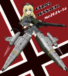 Rule 34 | 1girl, animal ears, black ribbon, blonde hair, blue eyes, cat ears, cat tail, character name, commentary, crotch seam, double-drum magazine, drum magazine, dual drum magazine, flying, garrison cap, general-purpose machine gun, grey hat, grey jacket, gun, hat, helma lennartz, high-capacity magazine, highres, holding, holding gun, holding weapon, imperial german flag, jacket, long hair, long sleeves, looking at viewer, machine gun, magazine (weapon), mg42, military, military hat, military uniform, motion blur, neck ribbon, no pants, open mouth, panties, ribbon, saddle-drum, smile, solo, strike witches: suomus misfits squadron, striker unit, tail, turkeysand (fernandear 504), underwear, uniform, weapon, white panties, world witches series