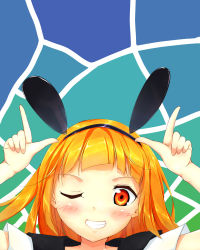 Rule 34 | 1girl, absurdres, animal ears, blonde hair, blush, character request, close-up, copyright request, cu (fsy84738368), fake animal ears, hairband, highres, looking at viewer, one eye closed, orange eyes, parted lips, rabbit ears, smile, solo, teeth, upper body