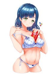 Rule 34 | 1girl, between breasts, blue bra, blue hair, blue panties, bow, bow bra, bra, breasts, busan no hamaguchi, candy, chocolate, chocolate bar, closed mouth, commentary request, condom, condom wrapper, cowboy shot, cropped legs, english text, food, green eyes, hand in own hair, heart, highres, holding, holding condom, holding food, idolmaster, idolmaster million live!, light blush, looking at viewer, medium breasts, medium hair, nanao yuriko, navel, panties, partial commentary, side-tie panties, simple background, skindentation, smile, solo, standing, strap slip, string panties, underwear, underwear only, white background