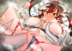 Rule 34 | 1girl, anal, bikini, bikini bottom aside, black bikini, blush, grabbing another&#039;s breast, breasts, breasts out, breath, brown hair, clothes pull, clothing aside, crying, crying with eyes open, double penetration, enemy naval mine (kancolle), glowing, glowing eyes, grabbing, green eyes, highres, kantai collection, large breasts, long hair, navel, nipples, noshiro (kancolle), official alternate costume, parted lips, rape, red shorts, restrained, shirt, shirt pull, shorts, snow-plough, sweat, swimsuit, swimsuit aside, tears, tentacle sex, tentacles, tied shirt, torn clothes, torn shorts, vaginal