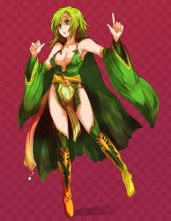 Rule 34 | 1990s (style), 1girl, boots, breasts, bridal gauntlets, cleavage, detached sleeves, final fantasy, final fantasy iv, green eyes, green hair, green thighhighs, kara (color), matching hair/eyes, medium breasts, aged up, retro artstyle, rydia (ff4), solo, thigh boots, thighhighs, yellow footwear