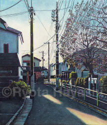 Rule 34 | artist name, colored pencil (medium), evening, hayashi ryouta, house, no humans, original, outdoors, power lines, real world location, road, scenery, sky, street, traditional media, traffic mirror, tree, urban, utility pole