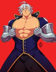 Rule 34 | 1boy, abs, alternate pectoral size, antenna hair, bara, bare pectorals, cowboy shot, estarossa, gauntlets, hair between eyes, large pectorals, long sleeves, looking at another, looking at viewer, male focus, muscular, muscular male, nanatsu no taizai, nipples, pectorals, short hair, silver hair, smile, solo, stomach, thick thighs, thighs, undressing, xelgot