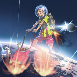 Rule 34 | 1girl, atmospheric entry, aura, burning, embers, energy, fire, friction burn, glowing, groceries, heat, helmet, joeian, moon, old, old woman, plasma, sandals, shorts, solo, spring onion, what