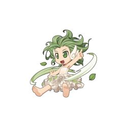 Rule 34 | 1girl, :d, angel wings, armpits, barefoot, chibi, dress, ear wings, frilled dress, frills, full body, green eyes, green hair, index finger raised, leaf, official art, open mouth, ragnarok online, simple background, smile, soles, solo, strapless, strapless dress, toes, transparent background, ventus (ragnarok online), white dress, wings, yuichirou