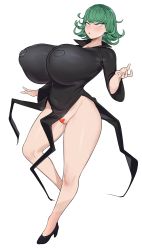 Rule 34 | 1girl, alternate breast size, black dress, blue eyes, breasts, censored, chamchami, covered erect nipples, curly hair, curvy, dress, flipped hair, green eyes, green hair, heart, heart censor, high heels, highres, huge breasts, no bra, no panties, one-punch man, open mouth, plump, rolling eyes, short hair, skin tight, solo, tatsumaki
