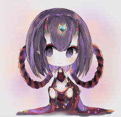 Rule 34 | 1girl, bad id, bad pixiv id, bare shoulders, black thighhighs, blush, brown background, chibi, chinese clothes, closed mouth, cottontailtokki, detached sleeves, dudou, fate/grand order, fate (series), full body, hair between eyes, headpiece, heart, horns, long hair, long sleeves, looking at viewer, navel, oni, pointy ears, purple eyes, purple hair, shuten douji (fate), shuten douji (fate/grand order), shuten douji (halloween caster) (fate), skin-covered horns, smile, solo, sparkle, thighhighs, wide sleeves