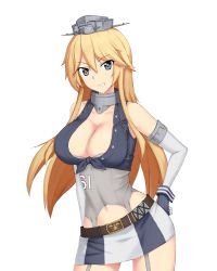 Rule 34 | 10s, 1girl, bad id, bad pixiv id, belt, blonde hair, blue eyes, breasts, cleavage, contrapposto, covered navel, cowboy shot, front-tie top, garter straps, ghound, grin, hand on own hip, headgear, highres, iowa (kancolle), kantai collection, large breasts, long hair, miniskirt, navel, skirt, smile, solo, standing, star-shaped pupils, star (symbol), striped clothes, striped skirt, symbol-shaped pupils