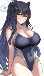 Rule 34 | 1girl, absurdres, animal ears, bare arms, bare legs, bare shoulders, black hair, black one-piece swimsuit, blue archive, blue halo, breasts, cleavage, closed mouth, collarbone, covered navel, cowboy shot, green eyes, grin, halo, highres, large breasts, long hair, metsu end, one-piece swimsuit, shun (blue archive), simple background, smile, solo, swimsuit, tiger ears, white background