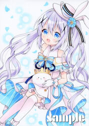 Rule 34 | 1girl, :d, \||/, alternate costume, alternate hair length, alternate hairstyle, animal ears, bare shoulders, blue eyes, blue flower, blue hair, blush, blush stickers, bright pupils, commentary, crown, dress, fake animal ears, feet out of frame, floating hair, flower, gloves, gochuumon wa usagi desu ka?, hair between eyes, hair flower, hair ornament, hair ribbon, happy, hat, highres, kafuu chino, light blue hair, light particles, long hair, looking at viewer, marker (medium), off-shoulder dress, off shoulder, open mouth, rabbit ears, ribbon, sample watermark, sidelocks, simple background, sitting, smile, solo, thighhighs, tippy (gochiusa), traditional media, twintails, very long hair, watermark, white background, white dress, white gloves, white hat, white thighhighs, x hair ornament, yuiki (cube)