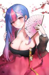 Rule 34 | 1girl, bing hayu, blue hair, blue nails, blush, breasts, cleavage, closed mouth, colored inner hair, detached sleeves, earrings, folding fan, gradient hair, hair ornament, hairclip, hand fan, highres, holding, holding fan, jewelry, large breasts, long sleeves, looking at viewer, luvdia, multicolored hair, nail polish, noixen, pink hair, pink skirt, red eyes, see-through, signature, simple background, single bare shoulder, skirt, smile, solo, strapless, streaked hair, stud earrings, virtual youtuber, watch, white background