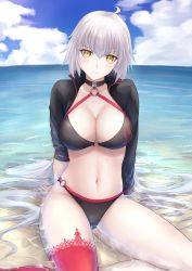 Rule 34 | 1girl, absurdres, ahoge, beach, bikini, black bikini, black choker, black jacket, blue sky, blush, breasts, choker, cleavage, closed mouth, collarbone, cropped jacket, day, fate/grand order, fate (series), highres, jacket, jeanne d&#039;arc alter (swimsuit berserker) (fate), jeanne d&#039;arc (fate), jeanne d&#039;arc alter (fate), jeanne d&#039;arc alter (swimsuit berserker) (fate), large breasts, long hair, long sleeves, looking at viewer, md5 mismatch, navel, o-ring, o-ring bikini, ocean, okuma707, pale skin, red thighhighs, revision, silver hair, single thighhigh, sitting, sky, swimsuit, thighhighs, thighs, very long hair, yellow eyes