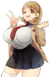 Rule 34 | 10s, 1girl, breasts, brown eyes, brown hair, cleavage, gloves, hair ornament, hairclip, heart, heart hair ornament, huge breasts, kazuya0810, looking at viewer, matching hair/eyes, narusawa ryouka, necktie, occultic;nine, one eye closed, plaid, plaid skirt, shirt tucked in, short hair, simple background, skirt, smile, solo, striped necktie, striped neckwear, thick thighs, thighhighs, thighs, white background, white gloves, white thighhighs