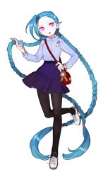 Rule 34 | 1girl, alternate costume, bag, blue hair, blue shirt, blue skirt, blush, braid, full body, gwayo, hairline, jinx (league of legends), league of legends, long hair, long sleeves, open mouth, pantyhose, pink eyes, shirt, shoes, skirt, solo, twin braids, very long hair, white background