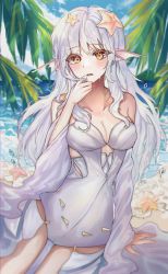 Rule 34 | 1girl, absurdres, beach, blush, breasts, cleavage, dieen24, fins, grimlight, head fins, highres, leotard, little mermaid (grimlight), long hair, open mouth, solo, starfish hair ornament, wet, white hair, wide sleeves, yellow eyes