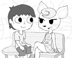 Rule 34 | 1boy, 1girl, alfa995, animal crossing, animal ears, animated, animated png, bench, crossed legs, deer, deer ears, deer girl, deer tail, diana (animal crossing), legs, looking at another, lowres, monochrome, nervous, nervous sweating, nintendo, on bench, sitting, sweat, tail, talking, tree, villager (animal crossing)