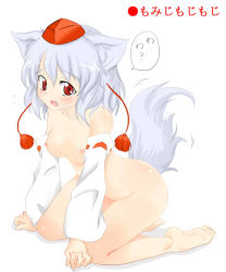 Rule 34 | 1girl, animal ears, bad id, bad pixiv id, breasts, darusu, detached sleeves, female focus, full body, hat, inubashiri momiji, nipples, nude, red eyes, short hair, silver hair, small breasts, solo, tail, tokin hat, touhou, white background, wolf ears, wolf tail