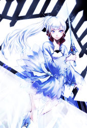 Rule 34 | 1girl, looking at viewer, ponytail, rapier, rwby, sword, weapon, weiss schnee, white hair