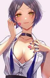 Rule 34 | 1girl, ayn (ayn kau), black choker, blue hair, blush, breasts, breasts apart, choker, dark blue hair, hayami kanade, highres, idolmaster, idolmaster cinderella girls, idolmaster cinderella girls starlight stage, large breasts, light smile, lipstick mark, lipstick mark on breast, looking at viewer, necktie, open collar, parted bangs, parted lips, short hair, solo, undone necktie, upper body