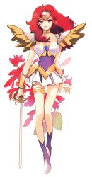 Rule 34 | 1girl, ai tenshi densetsu wedding peach, angel salvia, armor, boots, circlet, closed mouth, dress, flower, full body, highres, holding, holding weapon, looking at viewer, moo9mom, parted bangs, purple eyes, rapier, red hair, short dress, solo, sword, transparent background, weapon, white background