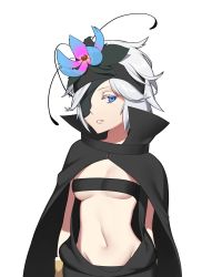 Rule 34 | 1girl, bandeau, black cape, blue eyes, breasts, cape, eyepatch, flamie speeddraw, flower, hair flower, hair ornament, hairband, highres, hood (james x), looking at viewer, midriff, navel, parted lips, rokka no yuusha, short hair, simple background, solo, underboob, upper body, white background, white hair