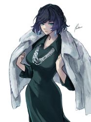 Rule 34 | 1girl, blue hair, bob cut, breasts, coat, commentary, cosplay, dress, earrings, english commentary, fubuki (one-punch man), fubuki (one-punch man) (cosplay), fur coat, genshin impact, green dress, green eyes, highres, jacket, jacket on shoulders, jewelry, large breasts, laura post, look-alike, necklace, one-punch man, penkorii, short hair, trait connection, voice actor connection, yelan (genshin impact)