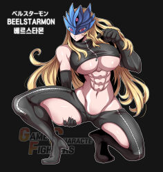 Rule 34 | abs, beelstarmon, belt, breasts, digimon, digimon (creature), large breasts, long hair, mask, monster girl, revealing clothes, rueneco, third eye, underboob