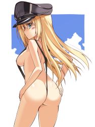 Rule 34 | 10s, 1girl, ass, bismarck (kancolle), black one-piece swimsuit, blonde hair, blue eyes, blush, breasts, butt crack, from behind, hand on own ass, hat, highres, kantai collection, long hair, looking back, ohta yuichi, one-piece swimsuit, peaked cap, sideboob, slingshot swimsuit, solo, swimsuit