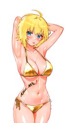 Rule 34 | 1girl, :p, absurdres, ahoge, amy strickland, armpits, arms behind head, arms up, art undertaker, bare arms, bikini, blonde hair, blue eyes, blush, body writing, breasts, cleavage, closed mouth, collarbone, commentary, counter:side, cowboy shot, english commentary, gold bikini, highres, large breasts, long eyelashes, looking at viewer, medium hair, navel, presenting armpit, side-tie bikini bottom, solo, standing, stomach, swimsuit, tongue, tongue out, underboob, v-shaped eyebrows, variant set, wet, wet clothes, wet swimsuit