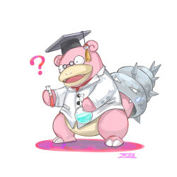 Rule 34 | ?, buttons, claws, clothed pokemon, collared shirt, commentary request, creatures (company), fangs, full body, game freak, gen 1 pokemon, glasses, hat, holding, looking down, mortarboard, nintendo, open mouth, oyasuminjyutsu, pokemon, pokemon unite, round eyewear, shirt, slowbro, standing, test tube, tongue, white shirt