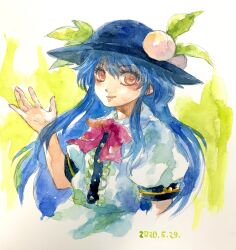 Rule 34 | 1girl, absurdres, arm up, black hat, blue hair, bow, bowtie, buttons, center frills, closed mouth, dated, food, frills, fruit, green background, hair between eyes, hat, highres, hinanawi tenshi, leaf hat ornament, light smile, long hair, looking at viewer, one-hour drawing challenge, orange eyes, painting (medium), peach, peach hat ornament, puffy short sleeves, puffy sleeves, red bow, red bowtie, shiroma (mamiko), shirt, short sleeves, simple background, solo, touhou, traditional media, upper body, watercolor (medium), white background, white shirt